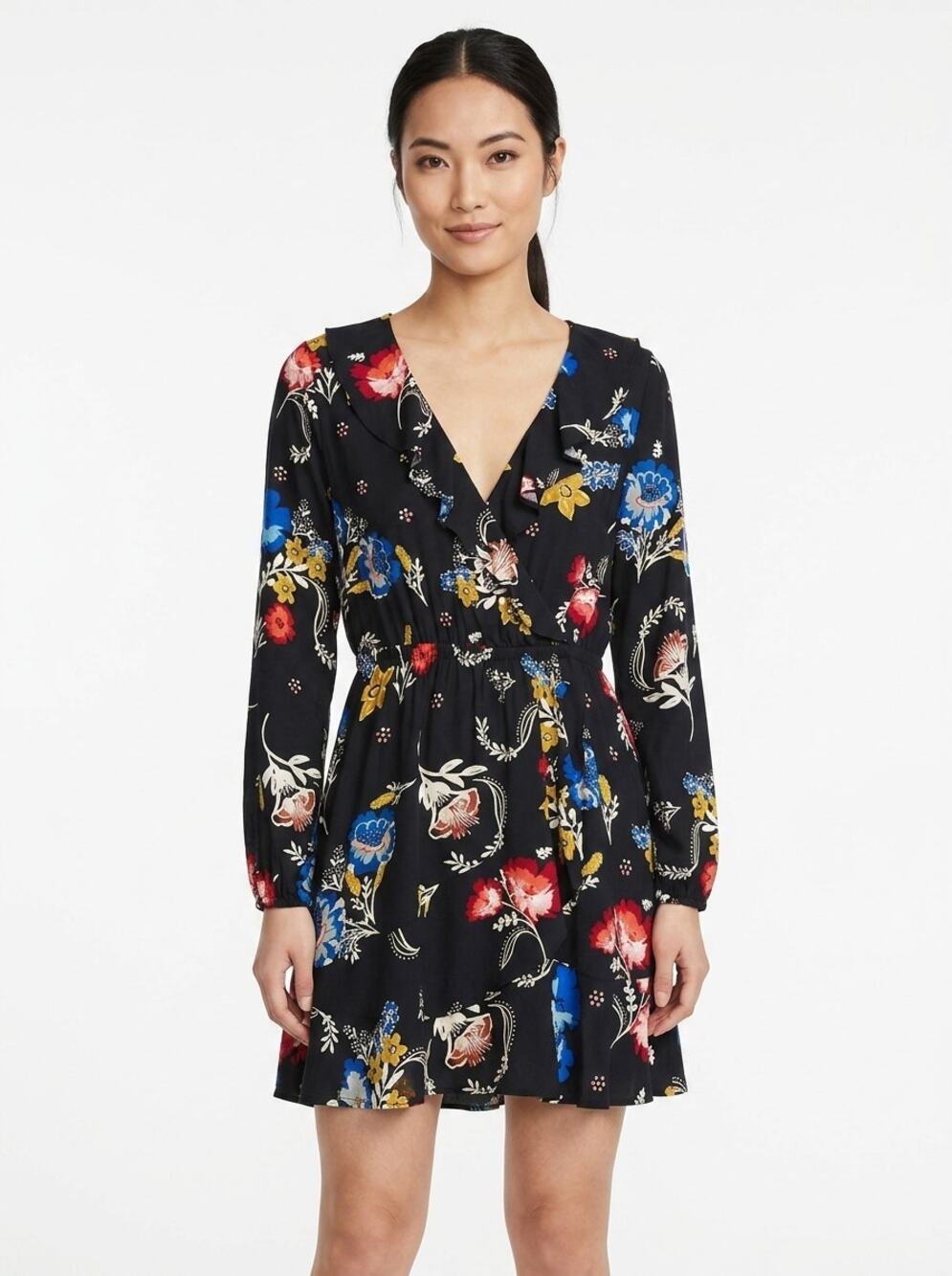 Express Black Floral Ruffle V-Neck Faux Wrap Dress Women Size M